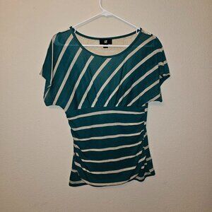 IZ BYER LARGE HUNTER GREEN BLOUSE WITH TAUPE STRIPES